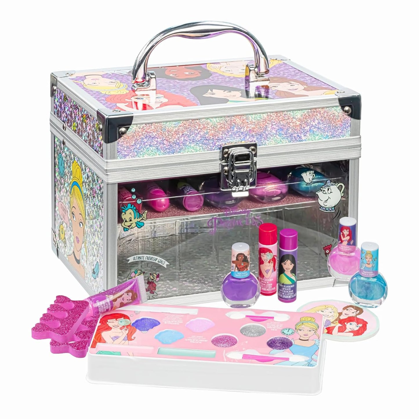 Disney Princess Schminkset mit Schönheitskoffer für Kinder, Neon Blau Glitzer, Rosa Glitzer Violett