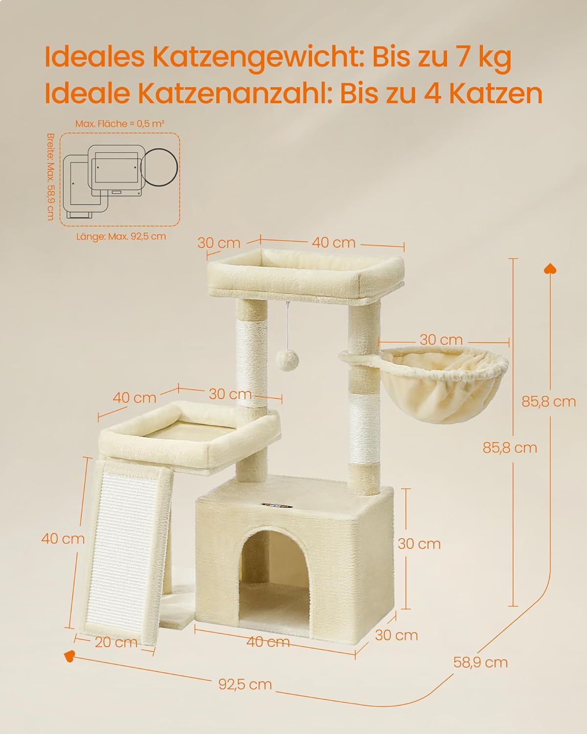 Kratzbaum mit Plattformen und Höhle, PCT013LF01, sandbeige M (92,5 x 58,9 x 85,8 cm)