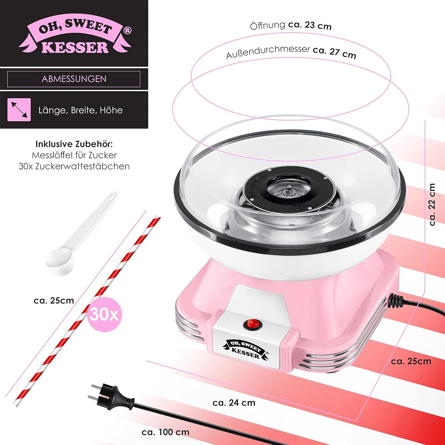 Zuckerwattemaschine Set mit Zubehör, Rosa / Weiß
