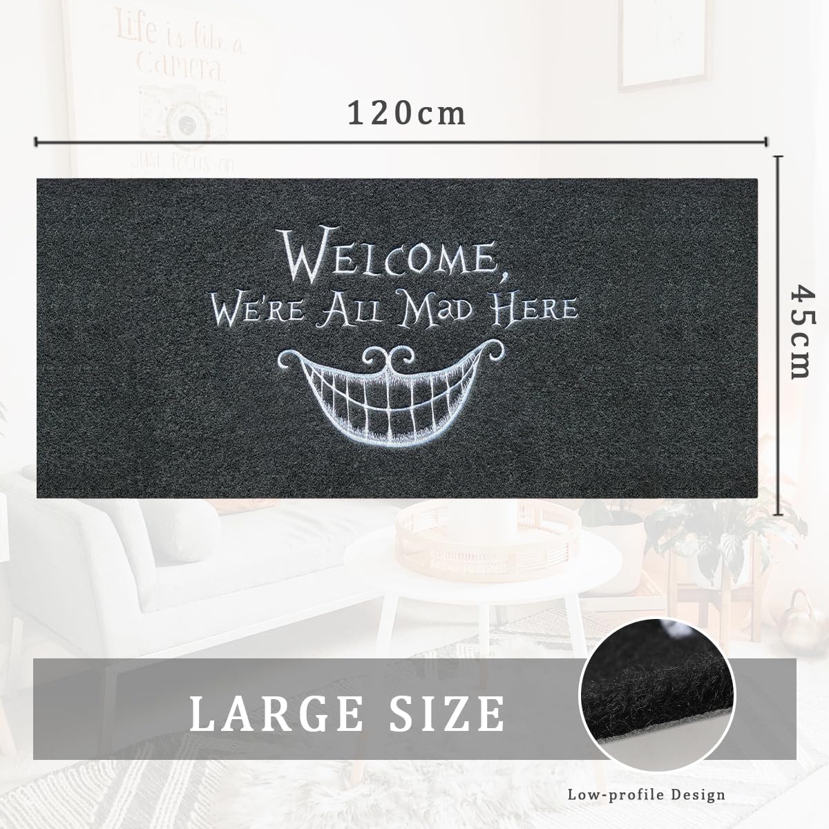 Lustige Fussmatte "Welcome We're All Mad Here" (45 x 120 cm), Willkommen Mad & Schwarz 45 x 120 cm (Rechteckig)