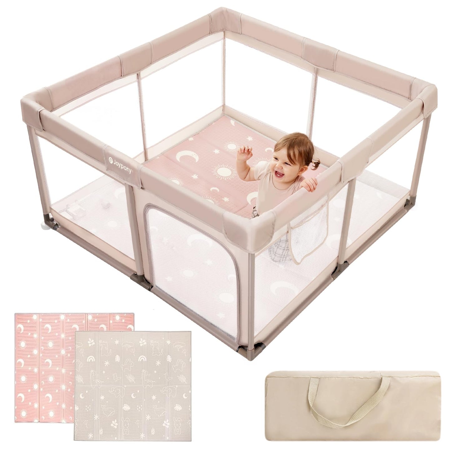 Baby Laufstall mit Matte, Beige wth Matte 127×127 CM