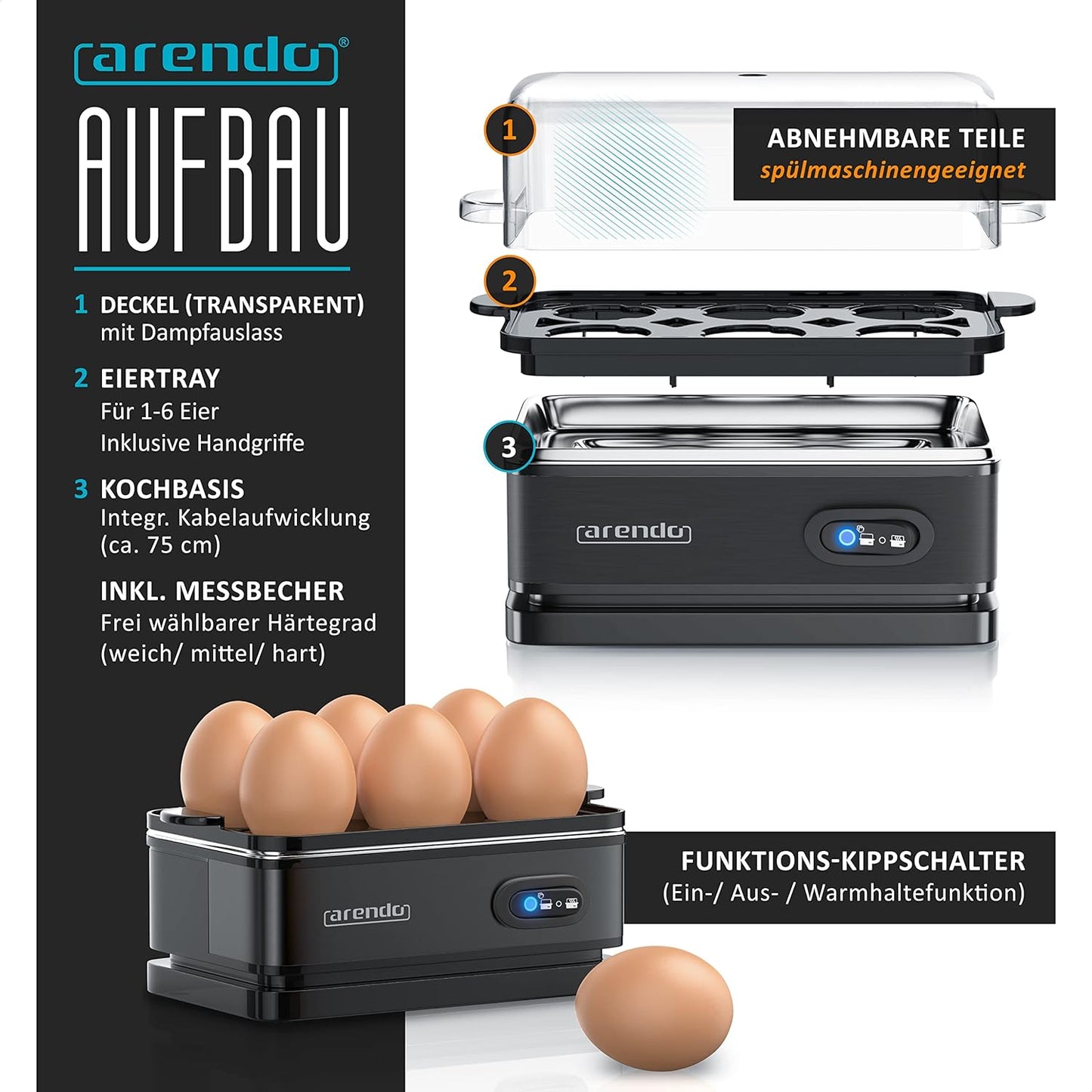 Eierkocher Sixcook mit Warmhaltefunktion, C: Schwarz