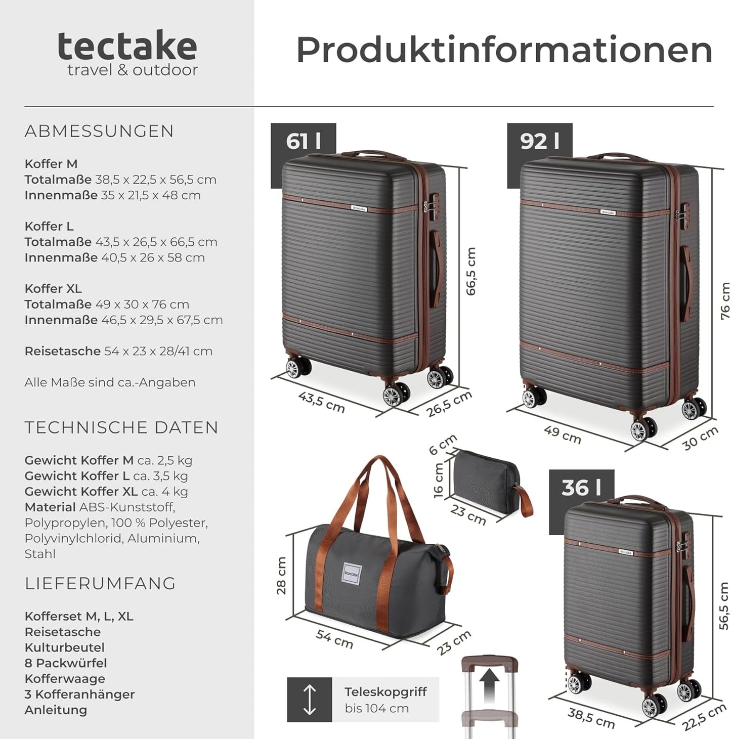 13-teiliges Kofferset mit Rollen und TSA Schloss, Anthrazit