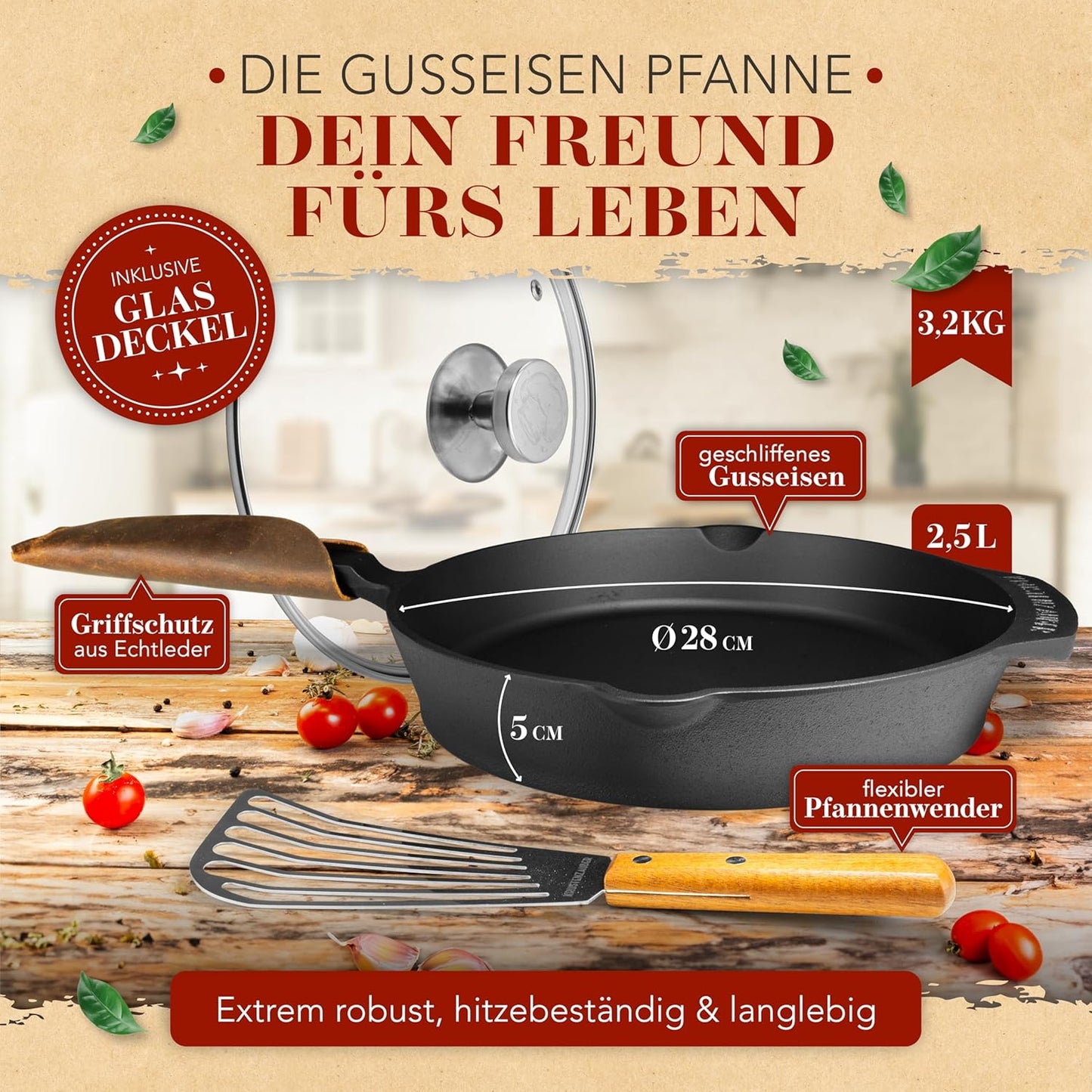 Gusseisenpfanne 28cm mit Deckel & Wender, 28cm Geschliffene Pfanne + Deckel + Wender