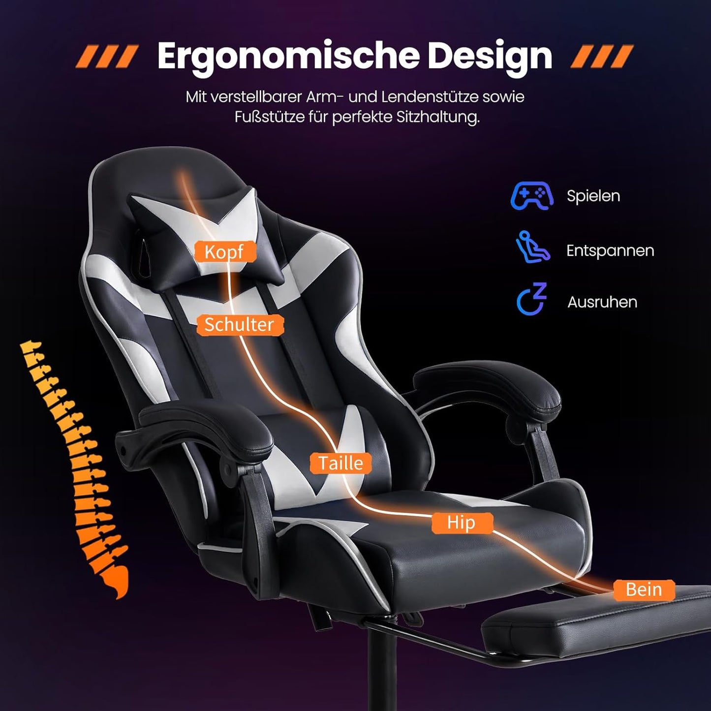 Ergonomischer Gaming-Stuhl mit Fussstütze, Modernes Weiss