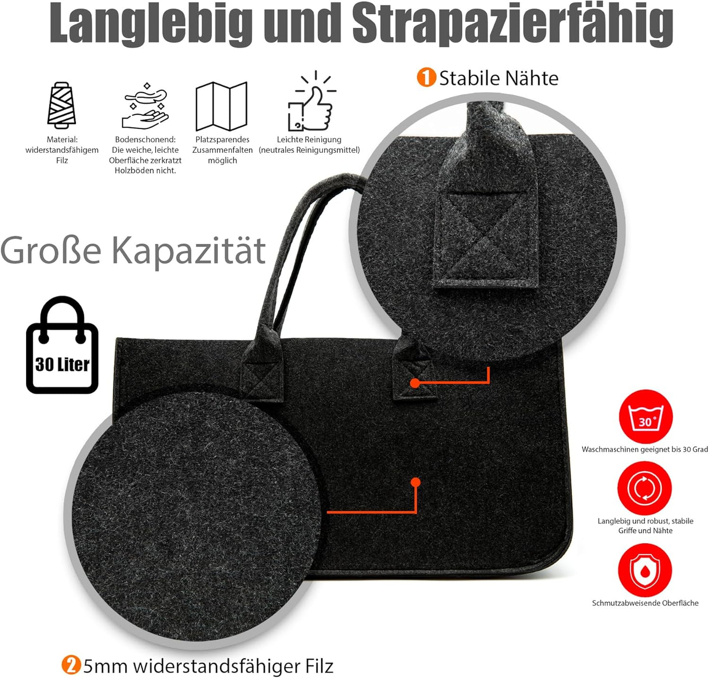 2er Set Filztasche für Kaminholz, 2 Stück Anthrazit