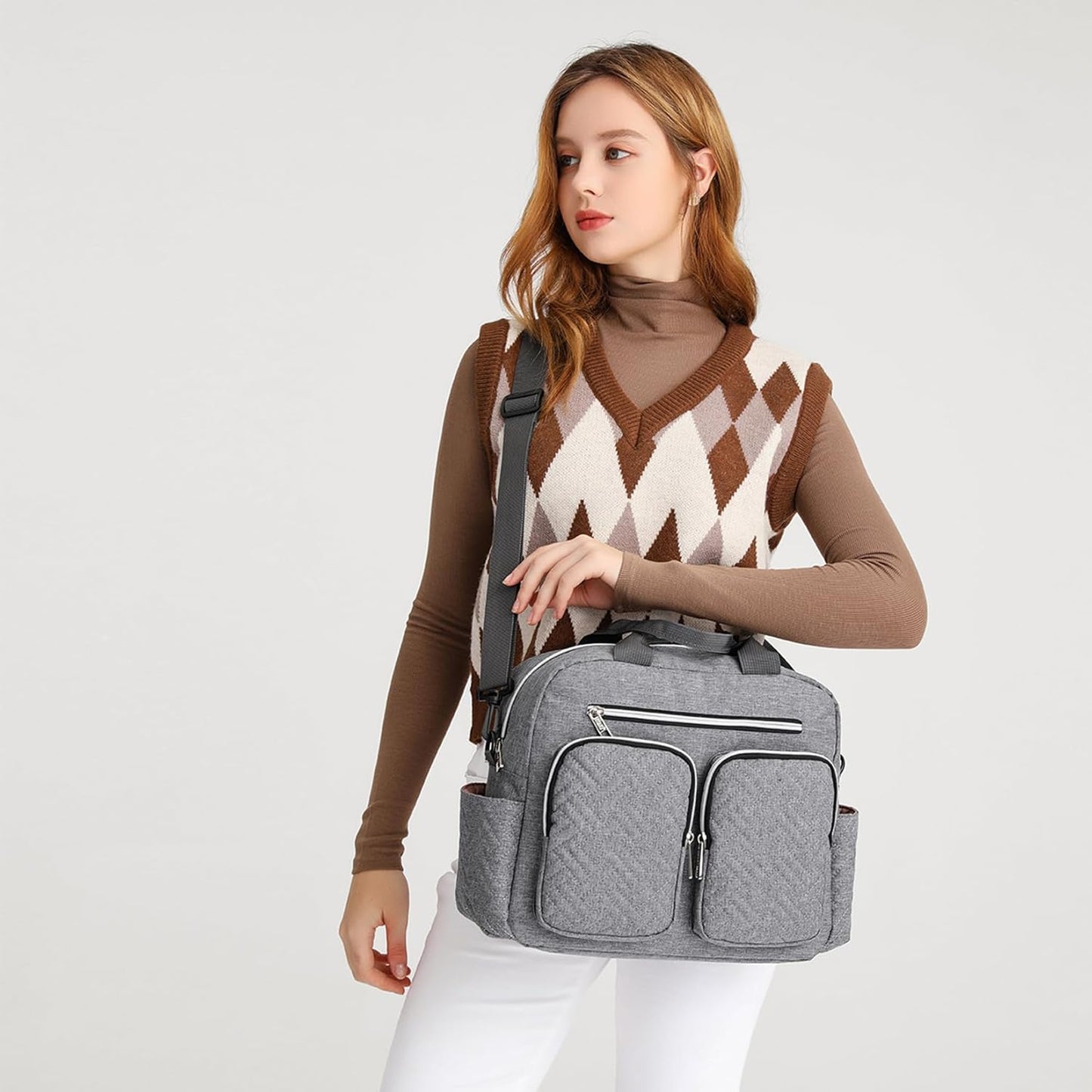 Baby-Wickeltasche mit Wickelauflage und isolierten Taschen, Große Tasche mit Wickelauflage Grau