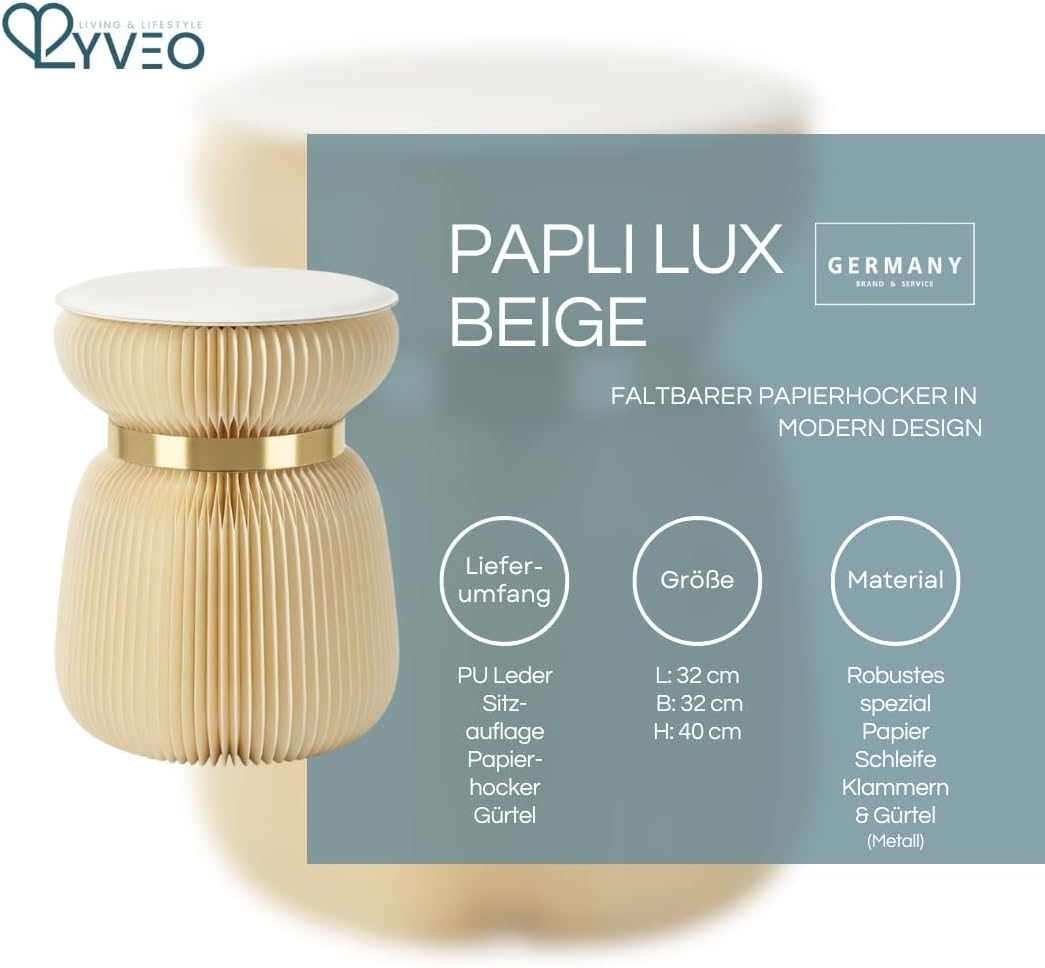Papierhocker Papli Lux mit 180 Lamellen, Beige mit Goldenem Band