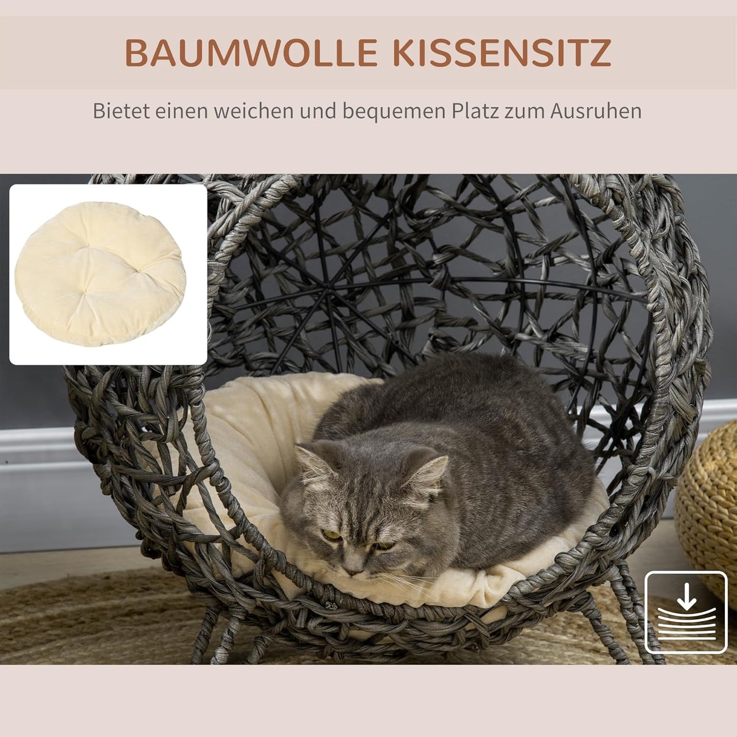 Katzenkorb mit Kissen, Silbergrau