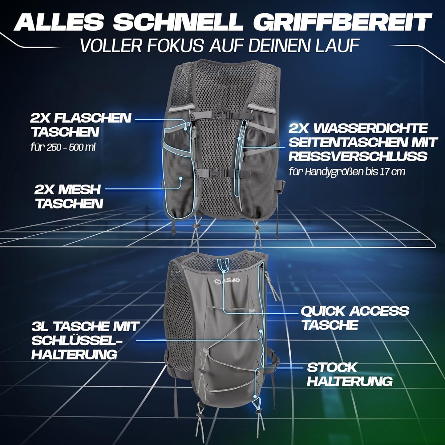 Ultraleichte Laufweste mit Trinksystem, 5L - grau - mit 1x500ml 5L