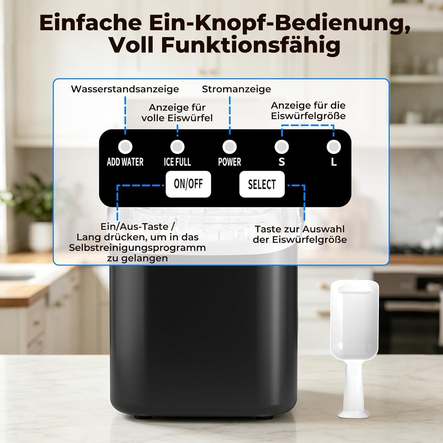 Eiswürfelmaschine mit Selbstreinigungsfunktion, Schwarz
