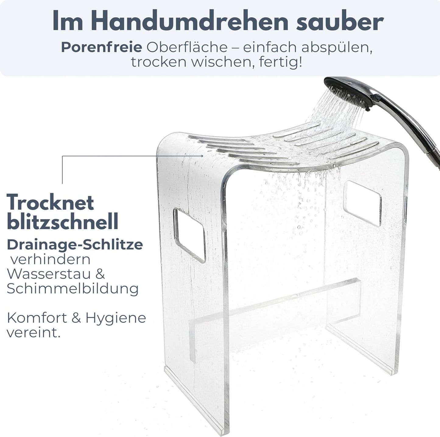 Duschhocker aus Acryl mit Ablauf-Schlitzen, 43 cm hoch, Duschhocker