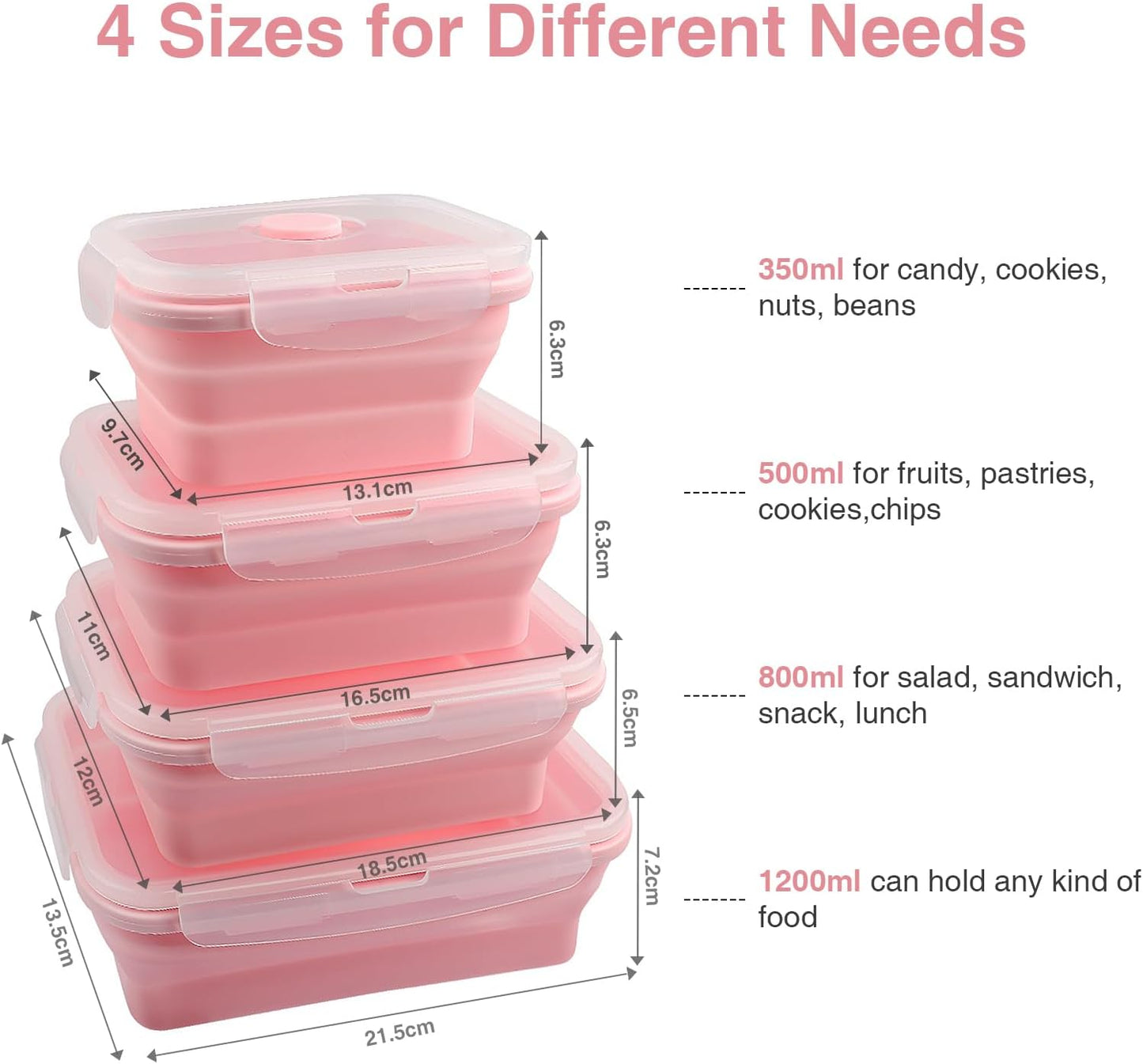Faltbares Food Container-Set, 4-teilig mit Deckel, Rosa