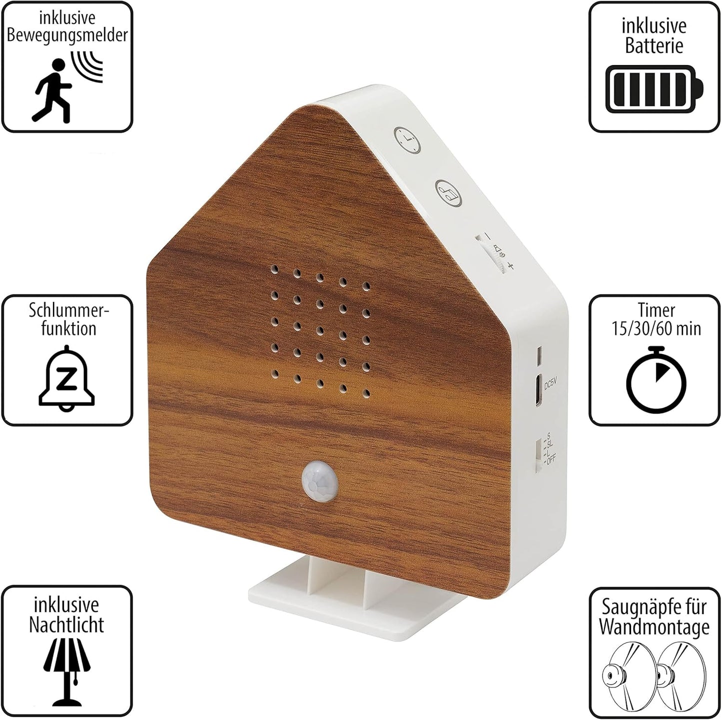 Naturgeräusche-Box mit Bewegungsmelder & Licht, Holzoptik