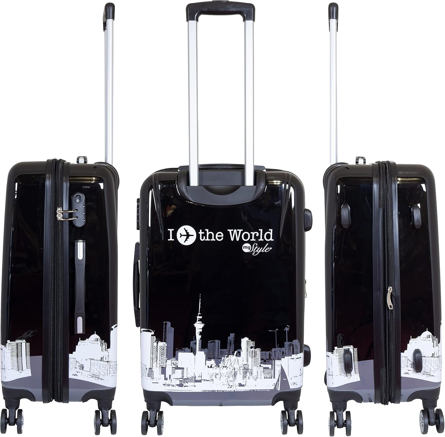3-teiliges Hartschalen-Kofferset mit Städte-Motiv, Kofferset 3-teilig Fly The World Schwarz