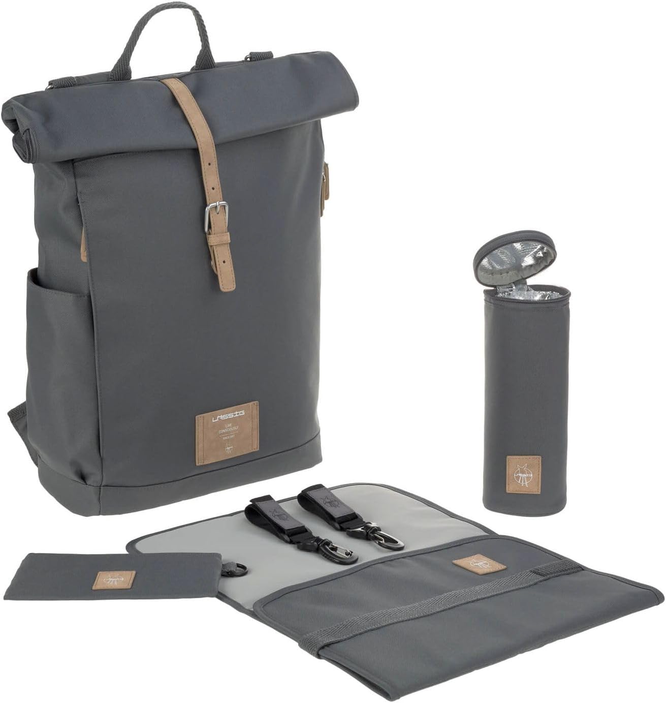 Rolltop Wickelrucksack mit Kinderwagenbefestigung, Dunkelgrau