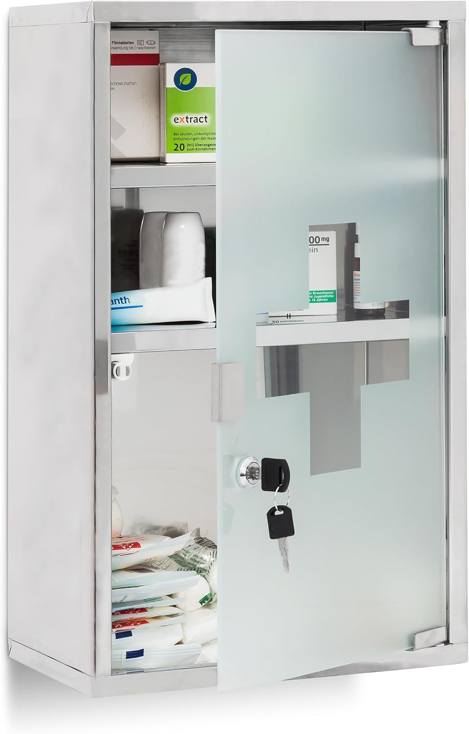 Medizinschrank XL mit Glas-Tür, Silber 18cm l x 30cm w x 50.5cm h