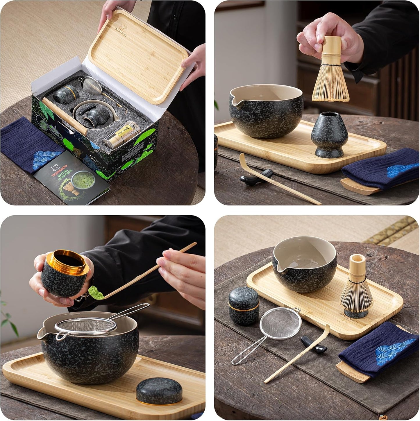 Matcha Tee Set mit Tablett, 10 Stück/Set, Schüssel mit Ausgießer Anthrazitgrau