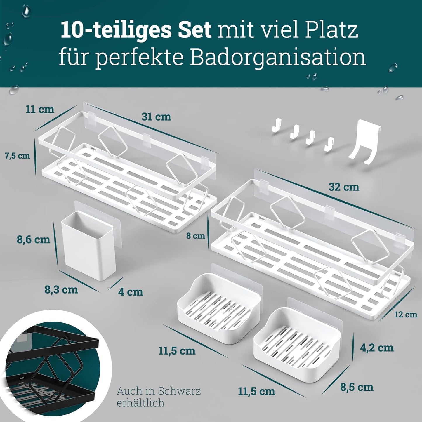 10-teiliges Duschablage-Set ohne Bohren, Set | Weiss