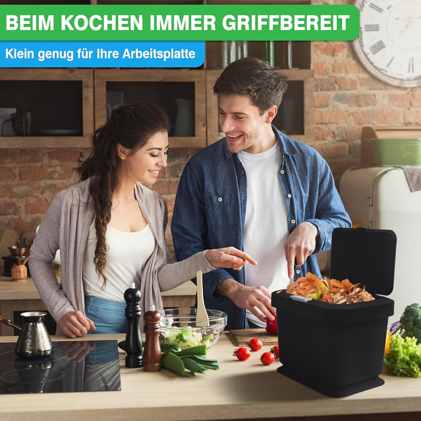 Biomülleimer mit Knopfdruck-Deckel, Schwarz