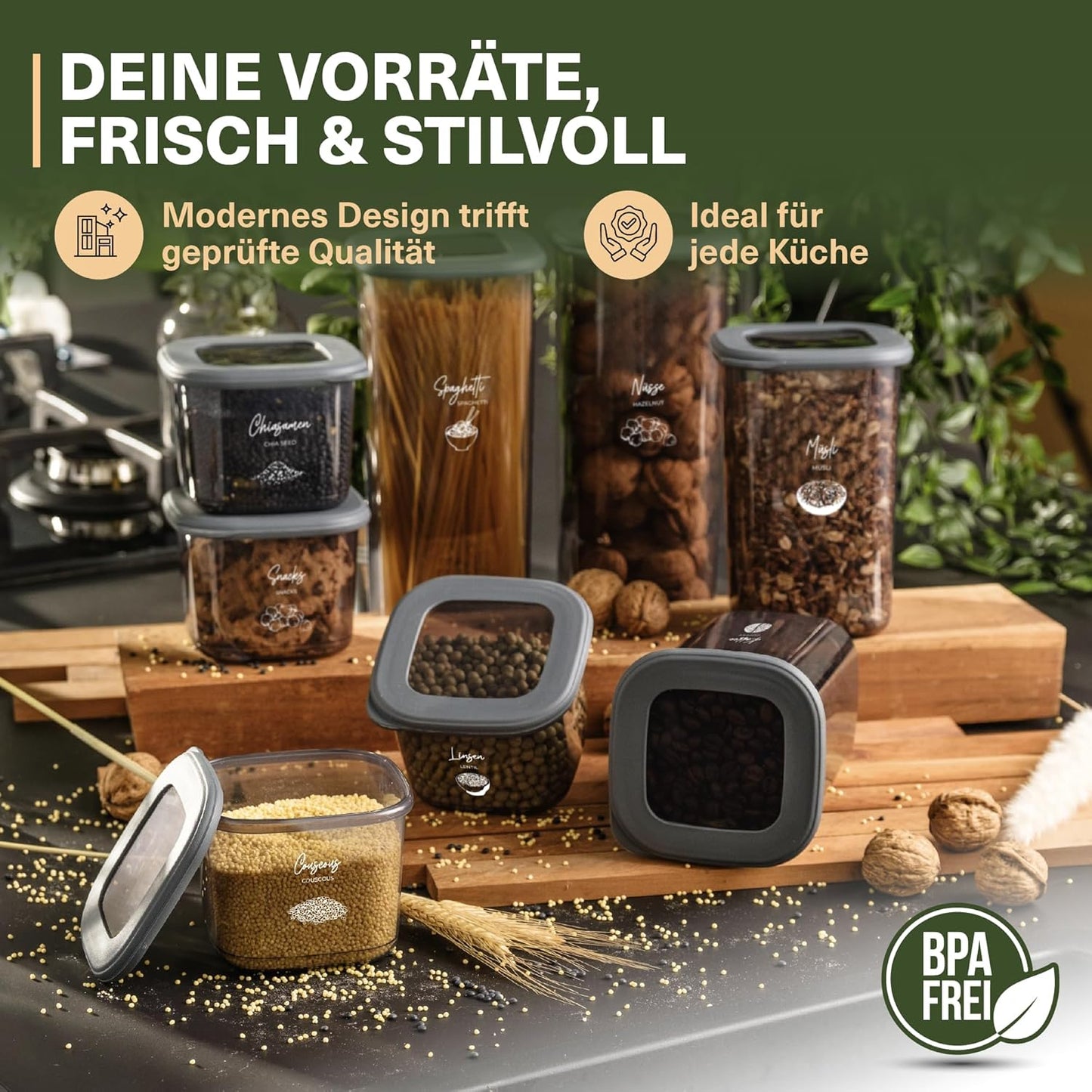 Vorratsdosen-Set (18-teilig, luftdicht, stapelbar), 12er Set + 6 Gewürzstreuer