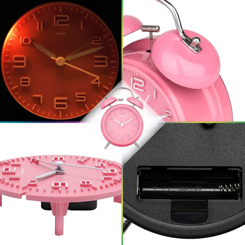 Doppelglockenwecker mit Nachtlicht, geräuschlos, Rosa