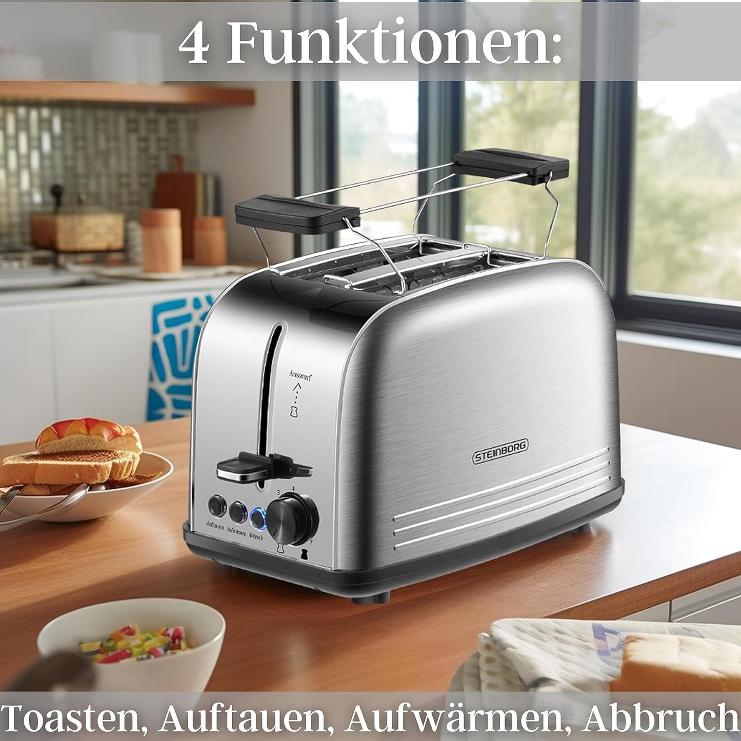 Edelstahl Doppelschlitz-Toaster mit Brötchenaufsatz