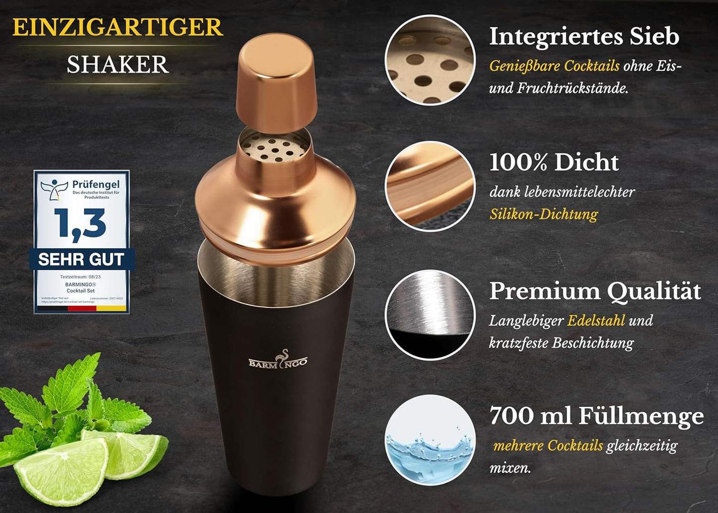 Cocktail Shaker Set (11-teilig), Schwarz-rosegold