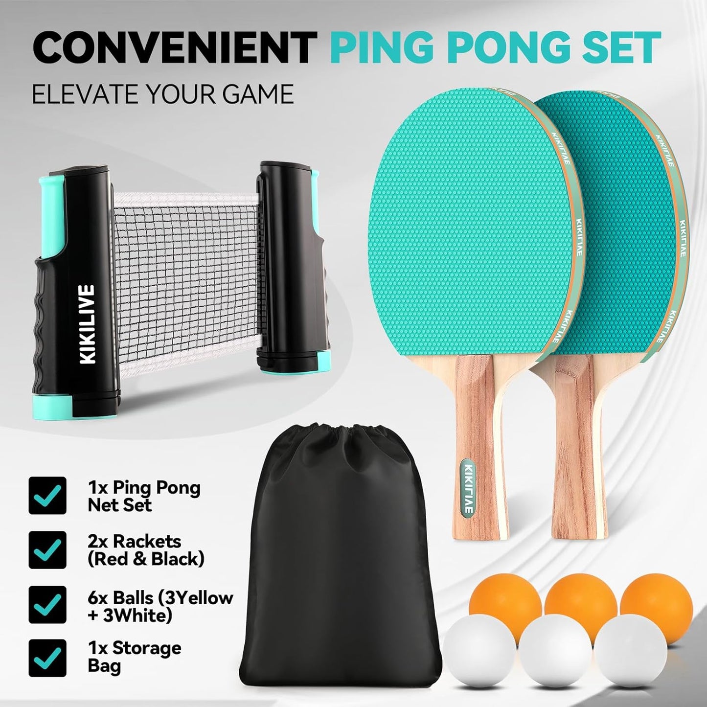 Tischtennis-Set mit Netz und Schlägern, Blau+Grün