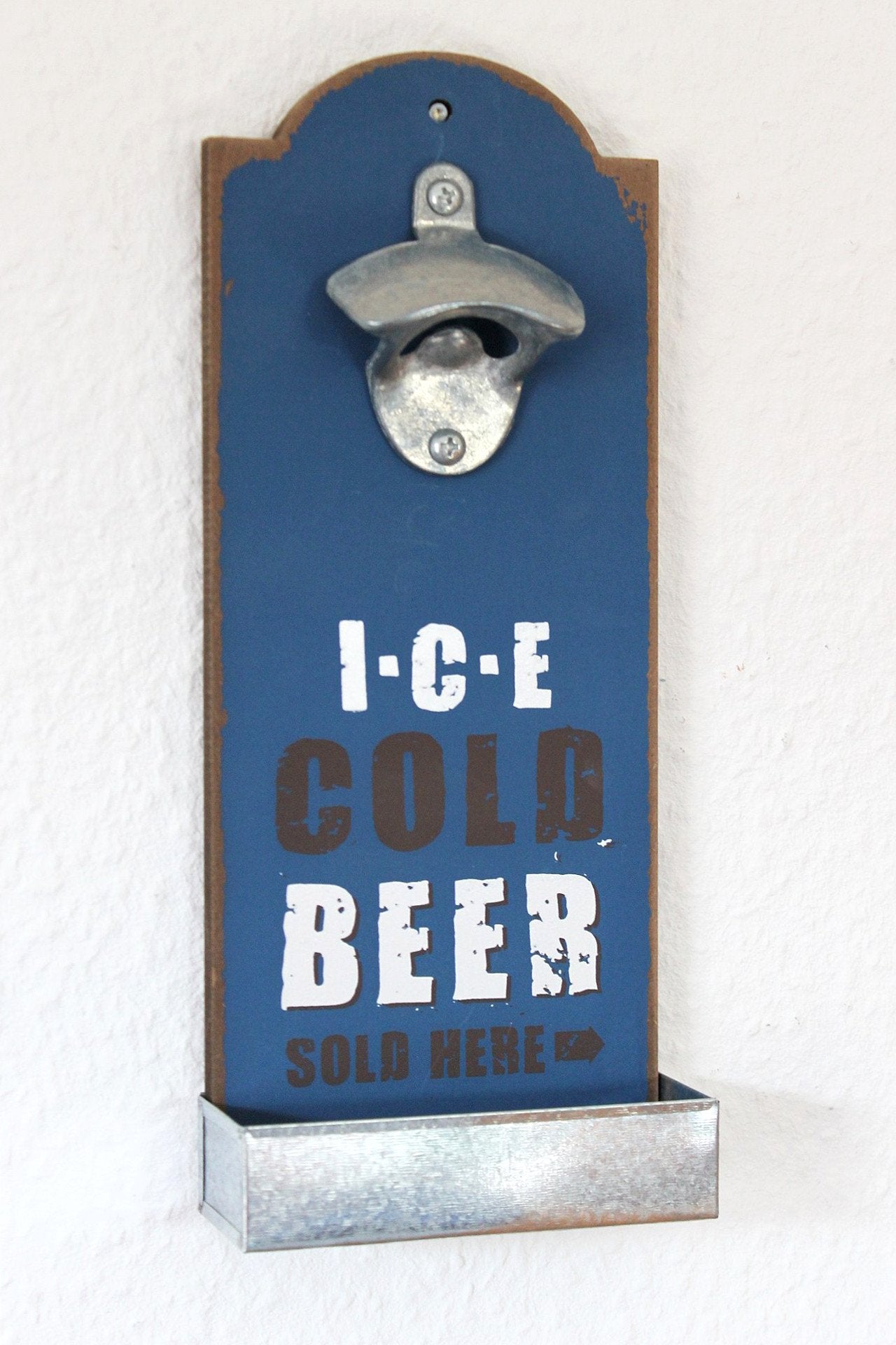 Wandflaschenöffner mit Kronkorkenbehälter, Blau Ice Cold Beer