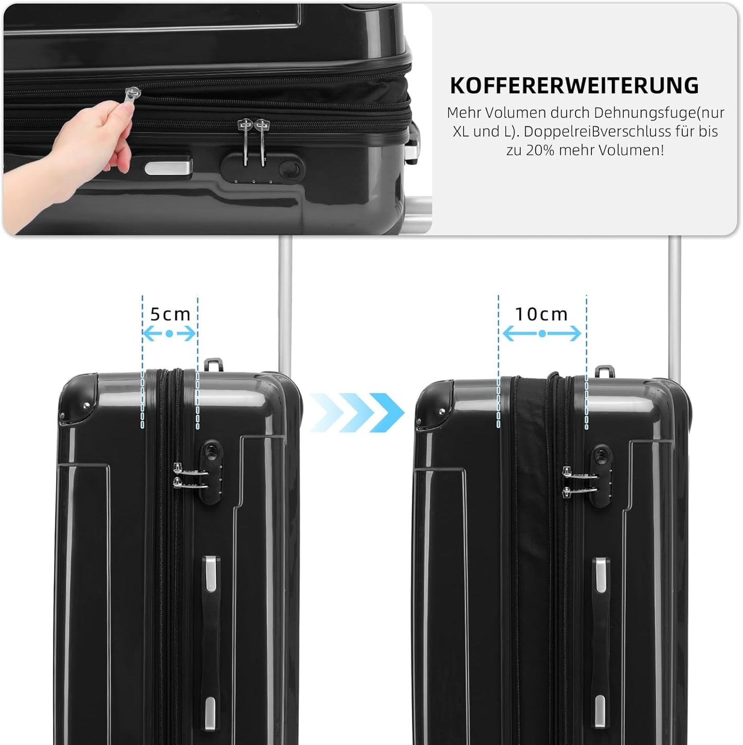 Hartschalen Trolley Koffer mit 4 Zwillingsrollen (76cm), Schwarz 76cm -110L