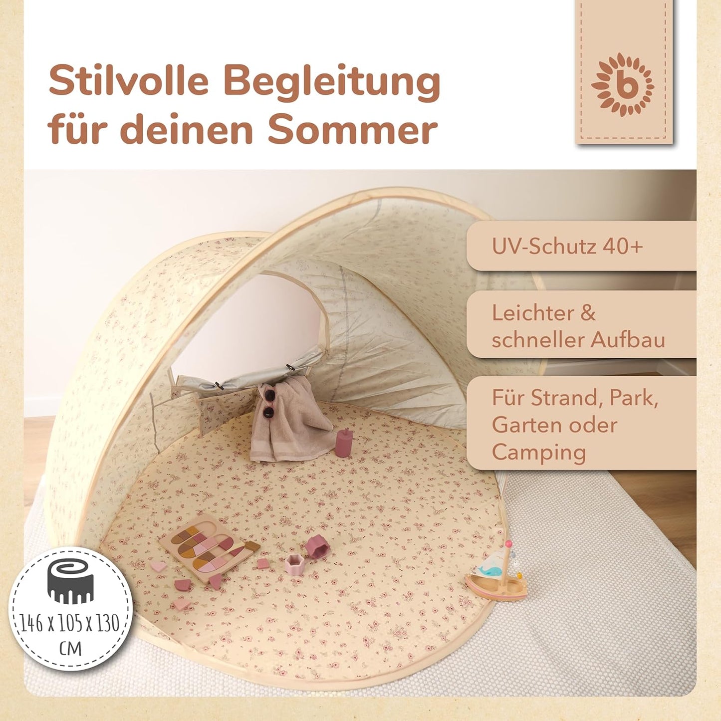 Vintage Flowers Pop-up Strandmuschel mit UV-Schutz 40+, Strandmuschel Vintage Flowers