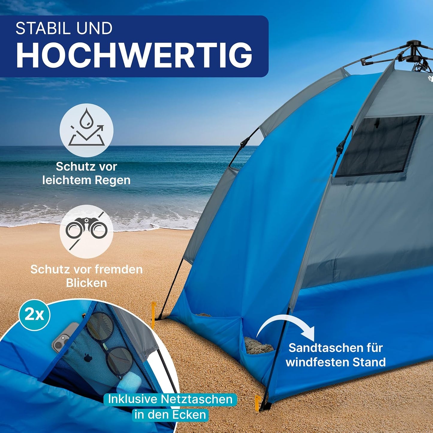 Automatik Strandmuschel mit UV-Schutz 80+, Automatik Blau