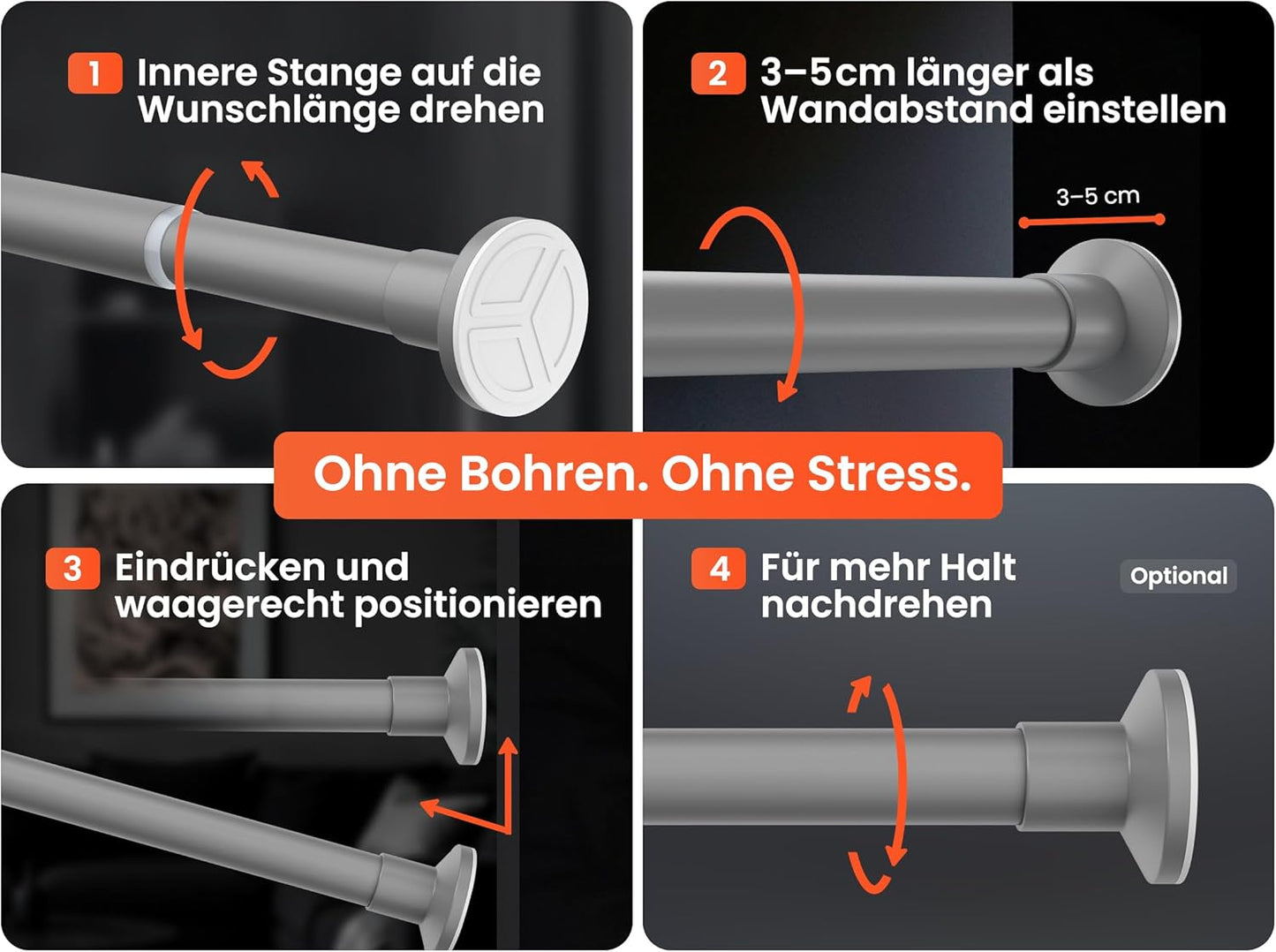 Teleskop-Klemmstange für Vorhänge, 50-80 cm Grau