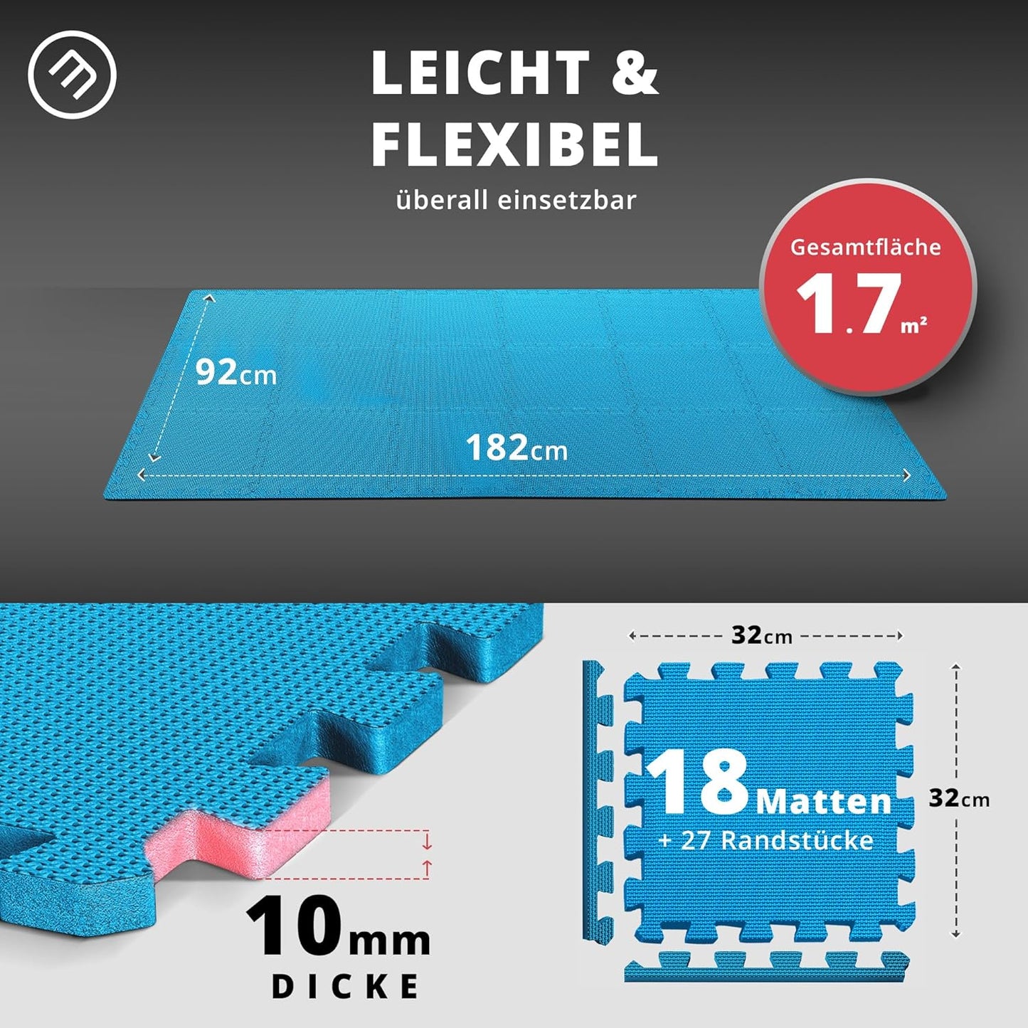 18-teiliges Schutzmatten-Set für Sport und Fitness, Azur | 18 Matten | 1,67 M², 32L x 32B x 1D cm