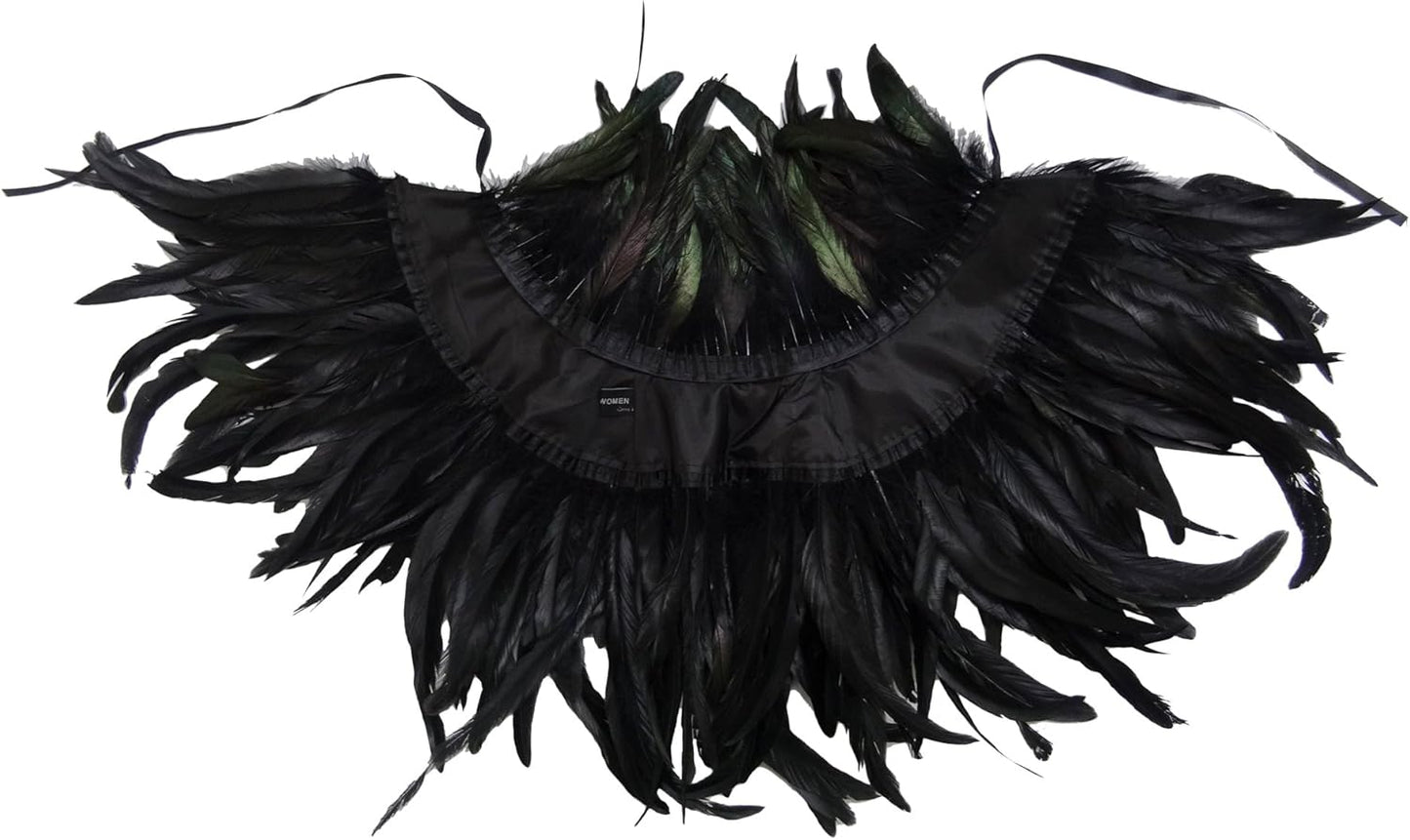 Gothic Feder-Kap Poncho mit Kragen, Schwarz