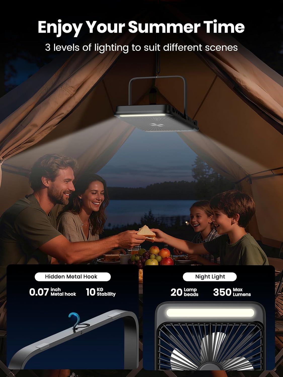 Ultraflacher Akku-Campingventilator mit Lampe