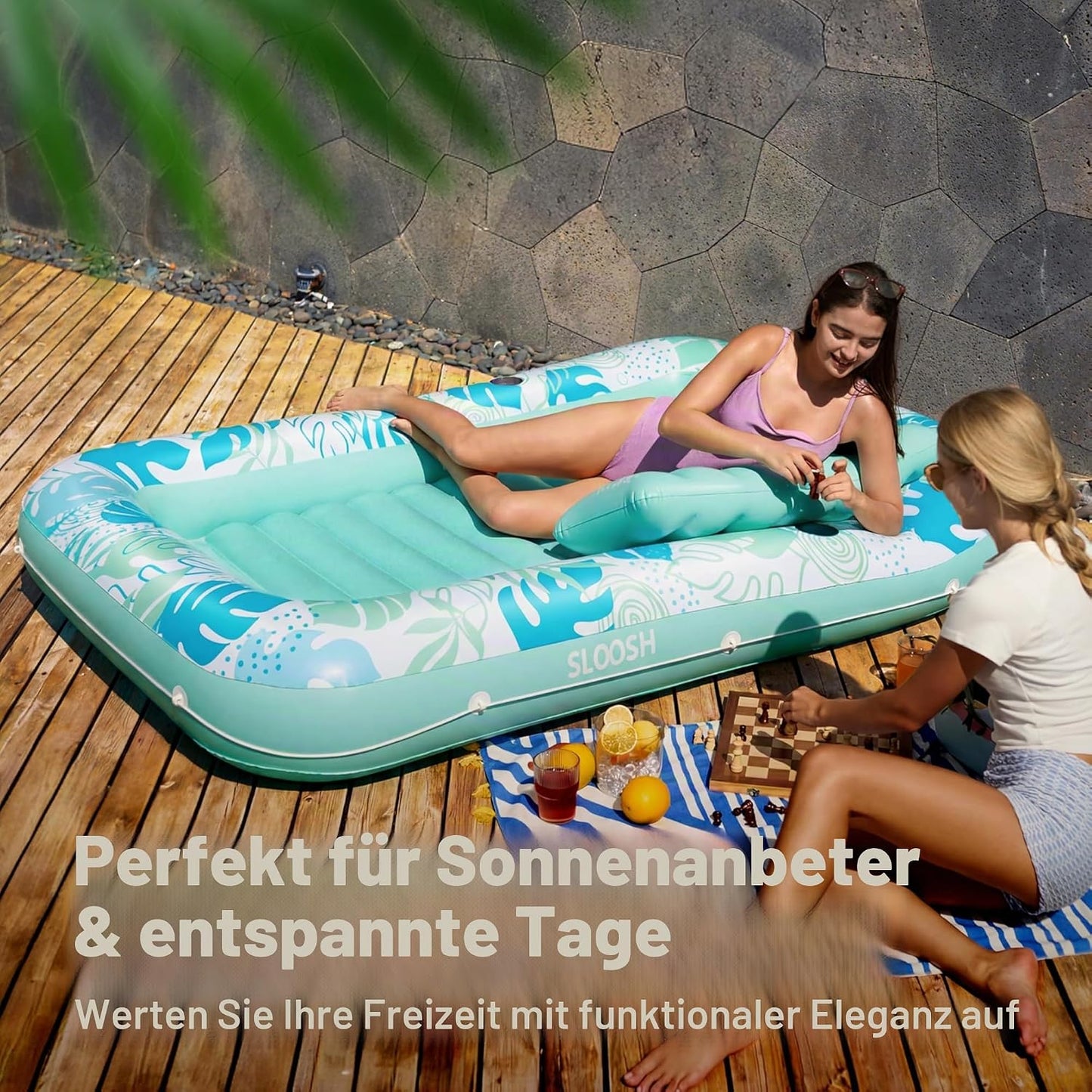 Aufblasbarer 4-in-1 Sonnenliegepool mit Kissen und Getränkehalter, Cyanweiss L