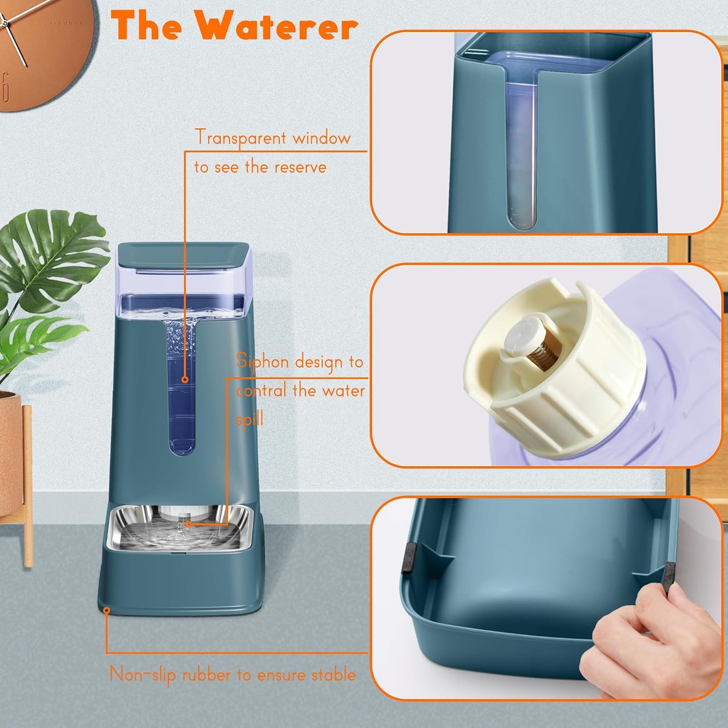 Automatischer Futter- und Wasserspender Set, cyan stainless steel