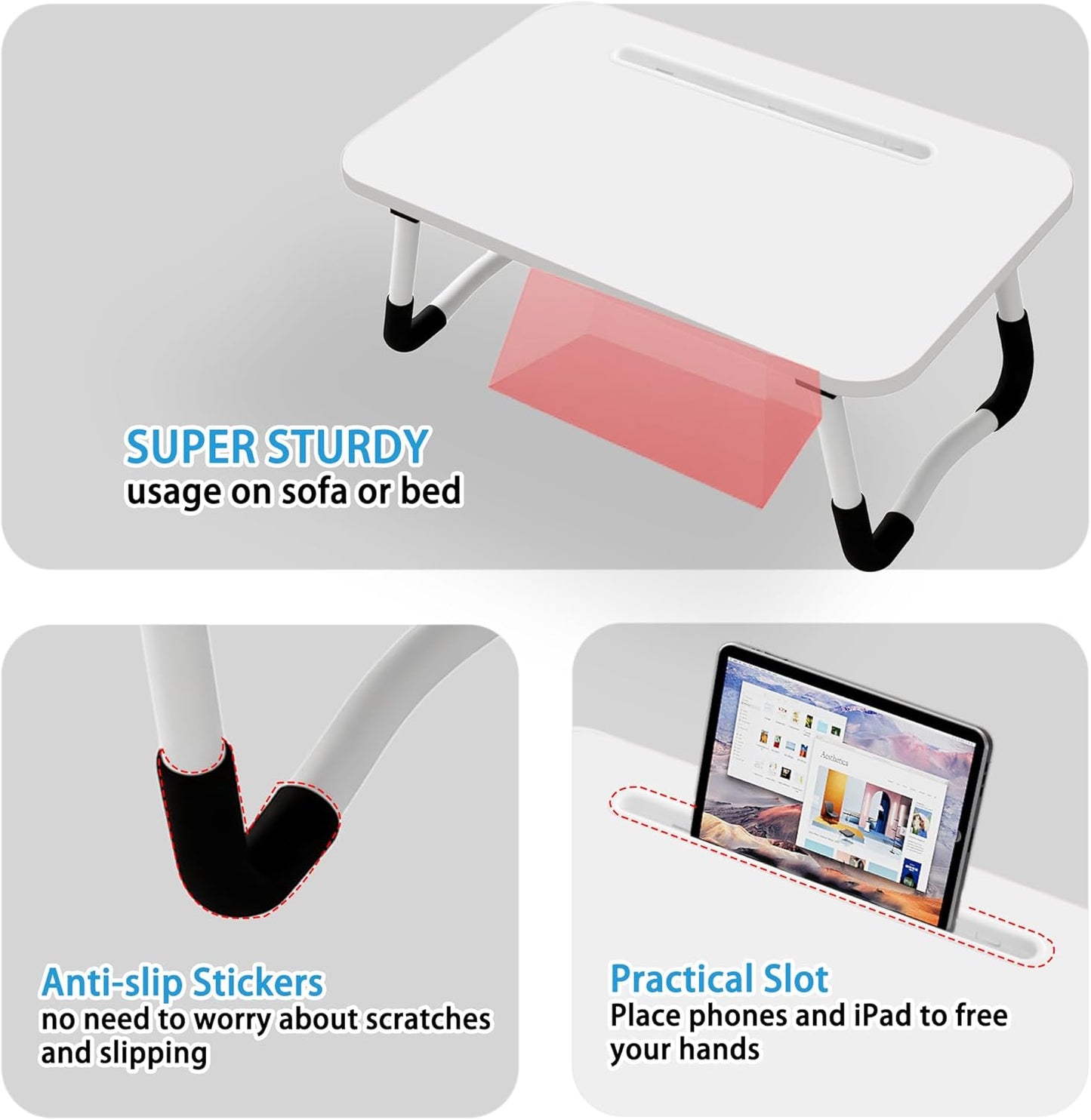 Klapptisch für Laptop und Frühstück mit Tablethalterung, White
