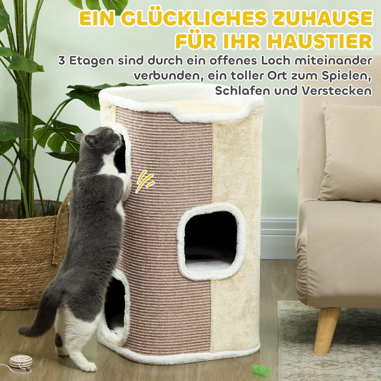 Katzentonne mit Kratzbaum und Kissen (dreistöckig), Beige+Weiß