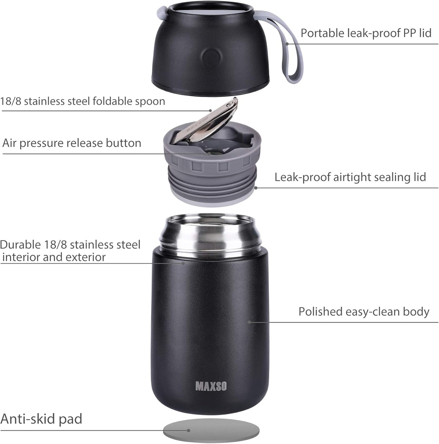 Thermobehälter-Set mit Löffel, 500ml + 700ml, Schwarz 500 ml + 700 ml