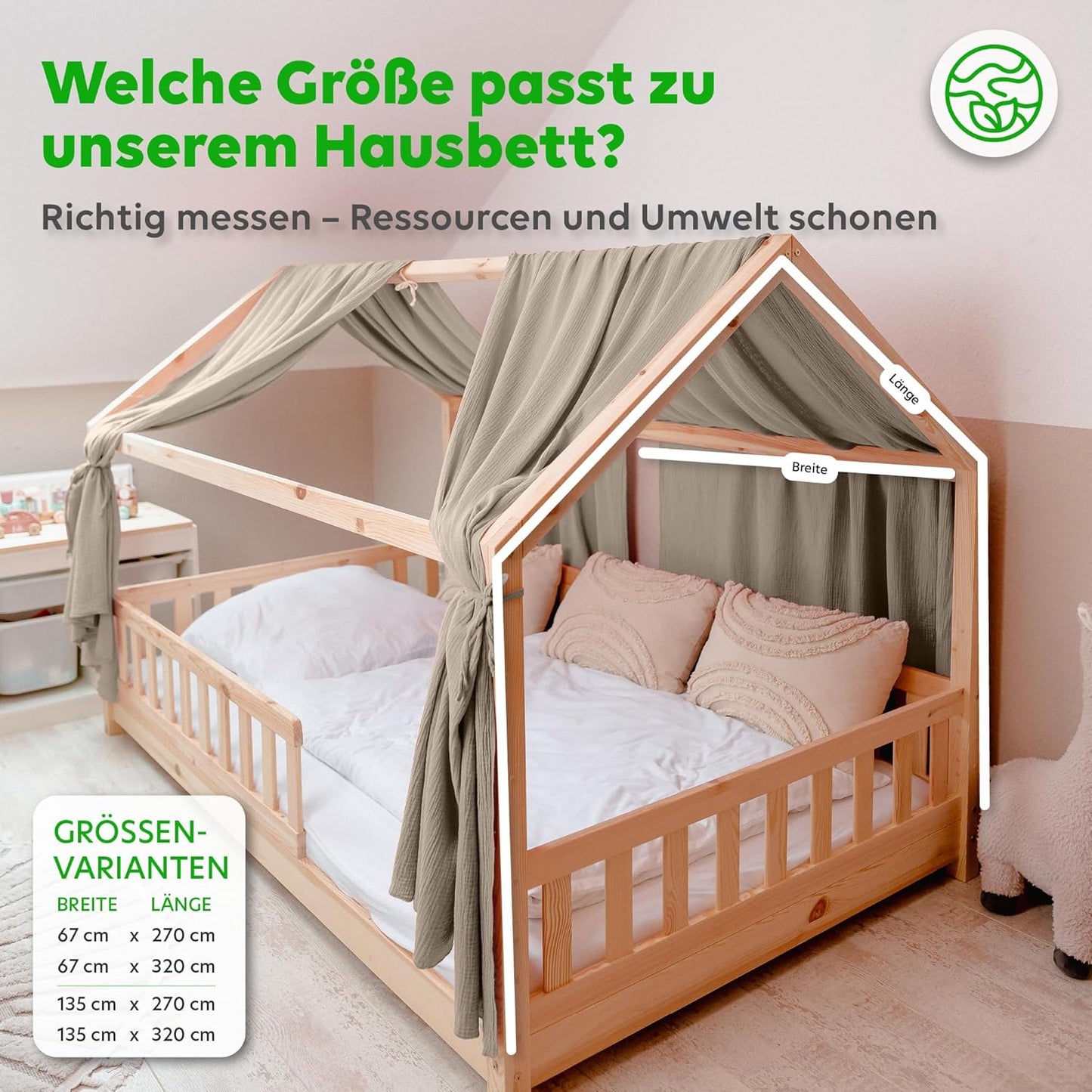 2-teiliges Hausbett Stoffhimmel-Set, Hellbeige 2er Set 67 x 270cm