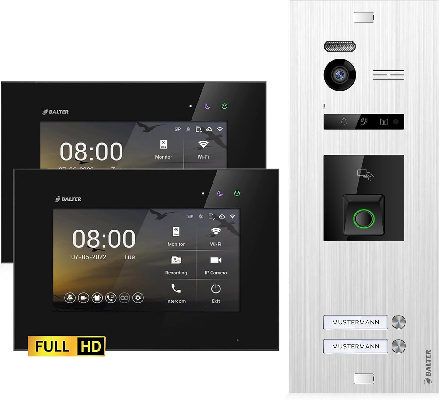 EVO-HD Video-Türsprechanlage mit Fingerprint, 2 Monitore, Ohne App D.silber/Schwarz