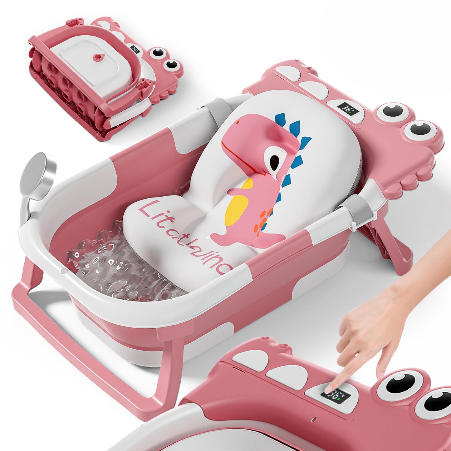 Faltbare Babybadewanne mit Rutschschutz & Thermometer, 2 x faltbar ROSA