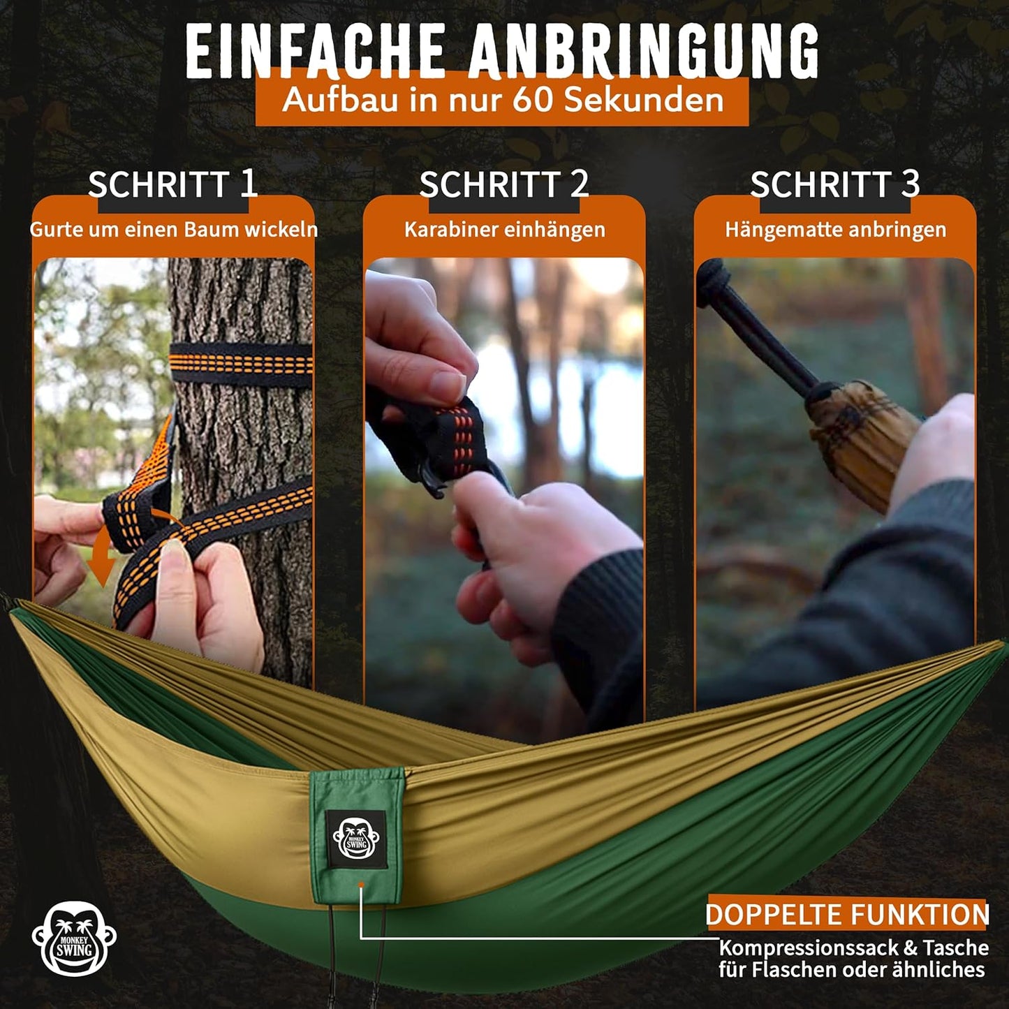 Ultraleichte Hängematte inkl. Karabiner & Gurte, Grün/Khaki