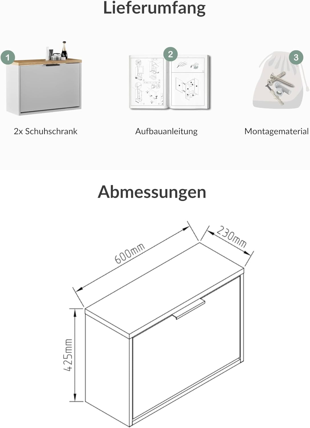 Schmaler Schuhschrank mit Klappen (2er-Set), 2x 1 Klappe Weiss-grau