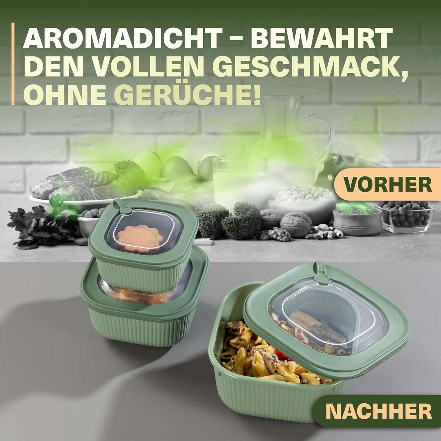 9-teiliges Frischhaltedosen-Set mit Ventildeckel, Grün 9er Set Quadratisch