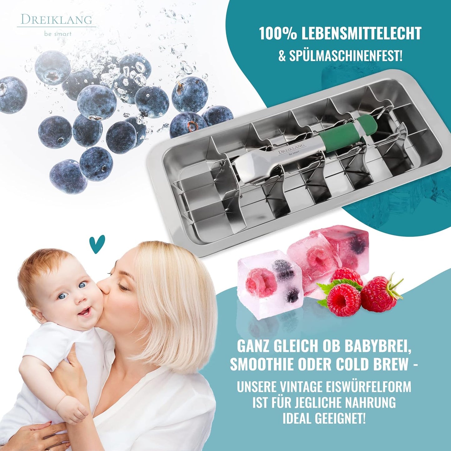 Eiswürfelform aus Edelstahl mit Hebelgriff, Hebel mit Komfortgriff