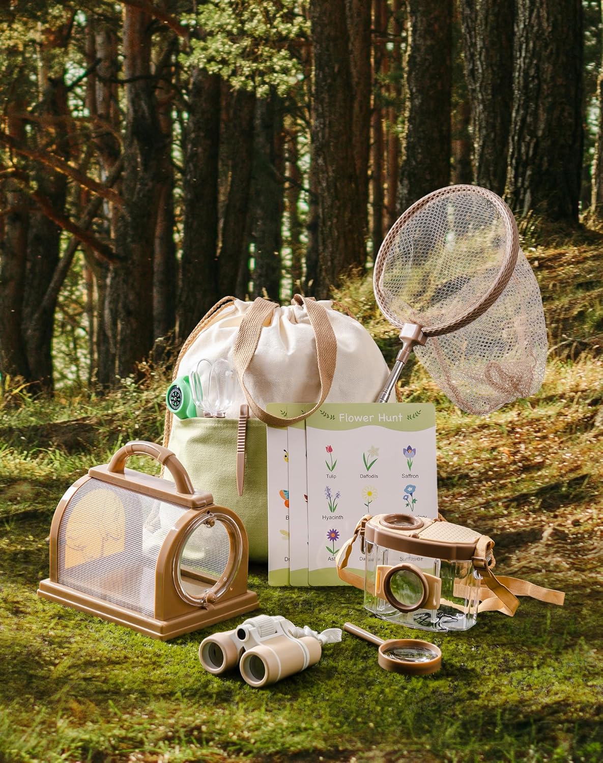 12-teiliges Entdecker-Set mit Insektennetz, Lupe, Insektenbeobachter, Schmetterlingsnetz, Grün - 12pc